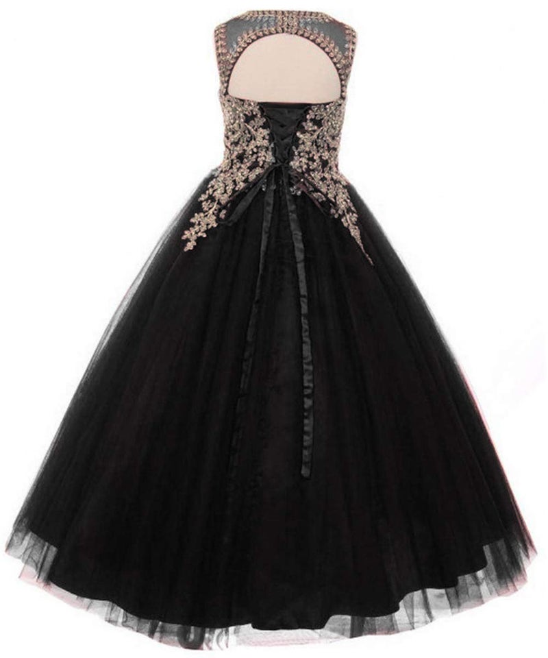 WDE Formal Little Girls Long Pageant Dresses Prom Ball Gown Gold Lace Black Tulle Size 6 - Image 3